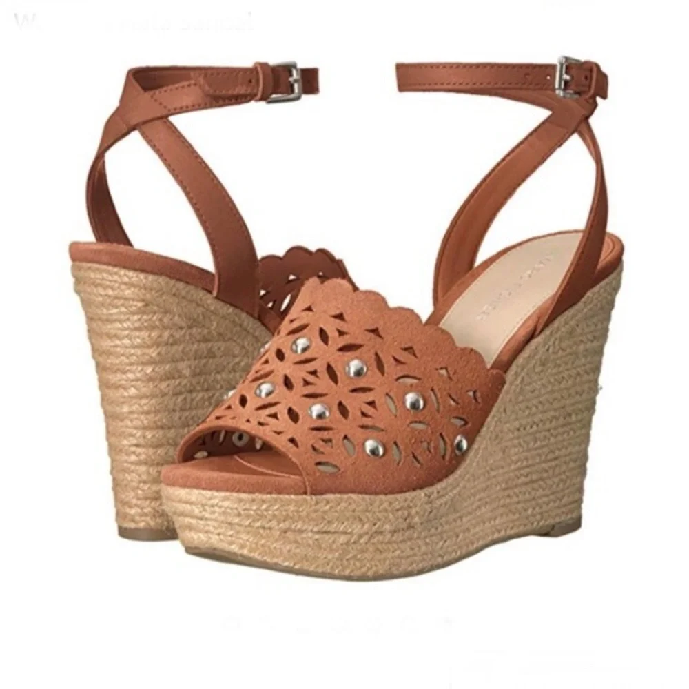MARC FISHER Brown Leather Cutout Studded Wedge Sandals